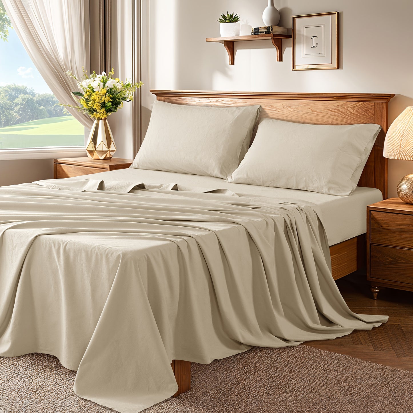 4pcs Linen Bed Set, Breathable and Durable Bed Sheets, 16-Inch Deep Pocket Fitted Sheet