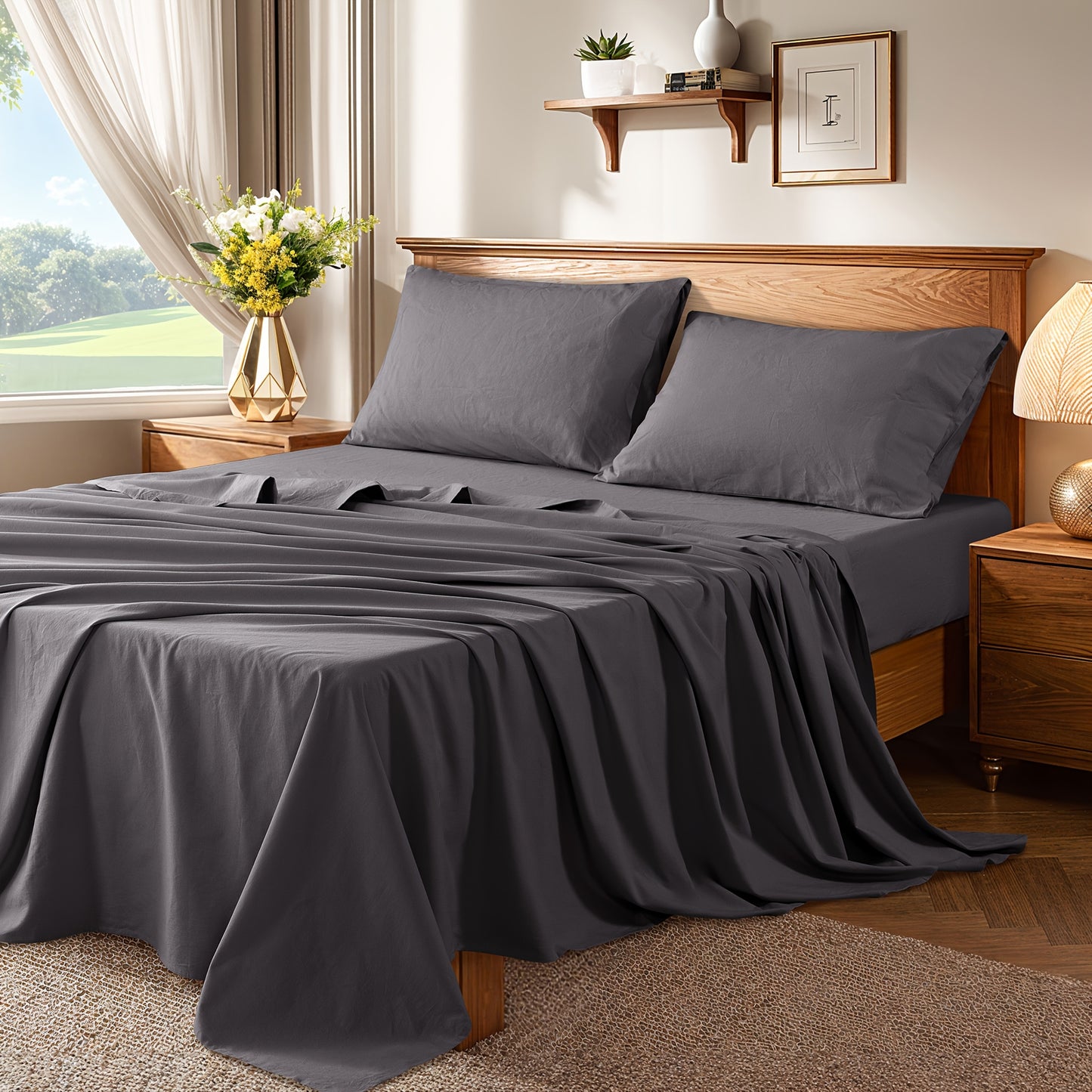 4pcs Linen Bed Set, Breathable and Durable Bed Sheets, 16-Inch Deep Pocket Fitted Sheet