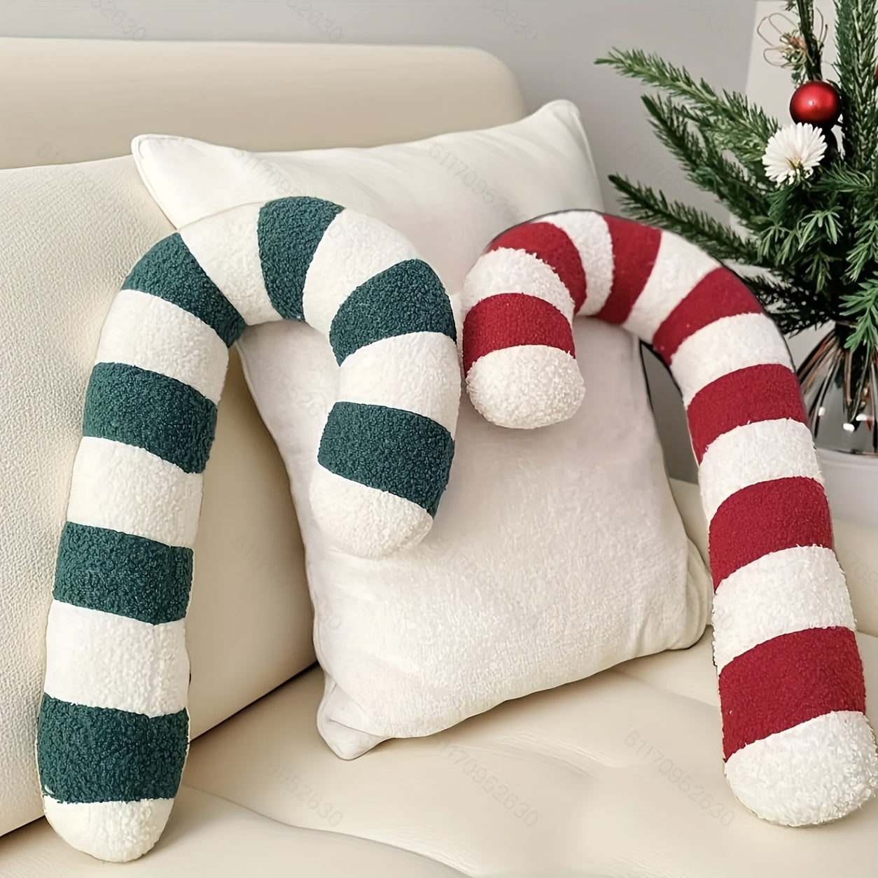 1pc Plush Candy Cane Pillow - Christmas Decor Cushion with Red, Green, Pink Striped Candy Cane Design
