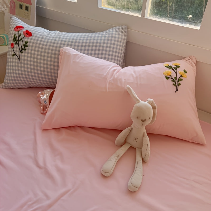 Flower and Lace Bedding Set, Blue Plaid + Colorful Floral Pattern
