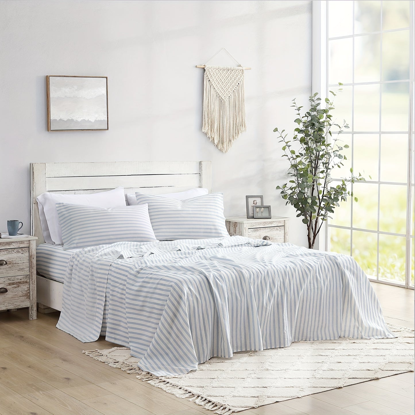 Queen Sheet Set 4 Pcs - 55% Linen, 45% Cotton Striped Sheet Set