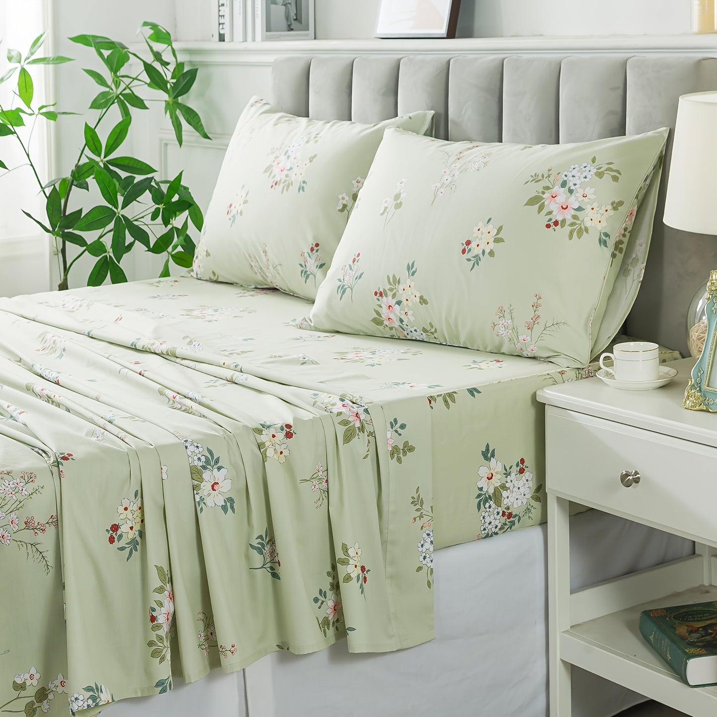Floral Bed Sheet Set Percale Cotton Shabby Vintage Chic Rose Deep Pocket Sheets Sage Green