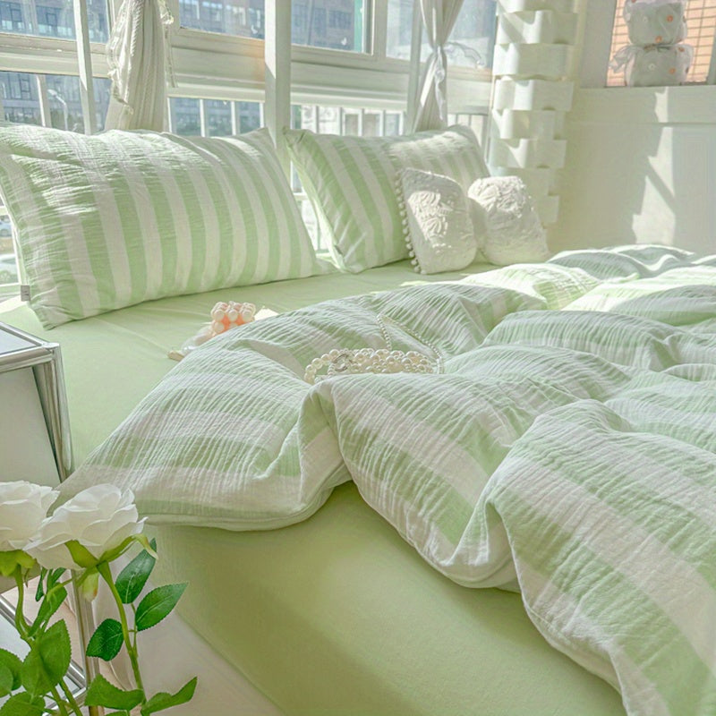 4pcs Bedding Set - Spring Green Striped Print Washable Polyester - 4pcs Sheet Set Including 1 Fitted Sheet