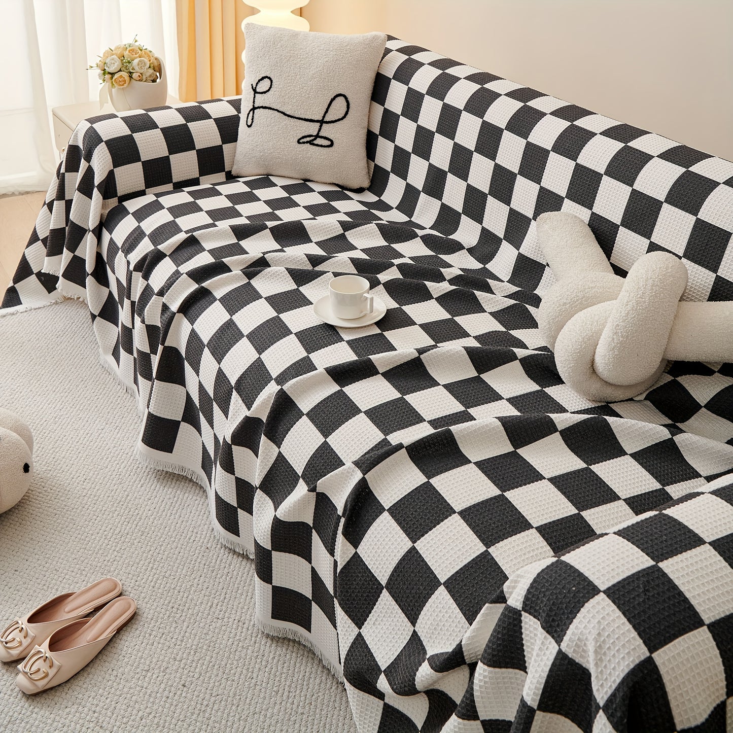 Pet-Friendly Sofa Cover Pet-Friendly Black & White Checkered Sofa Cover - Luxurious European Style