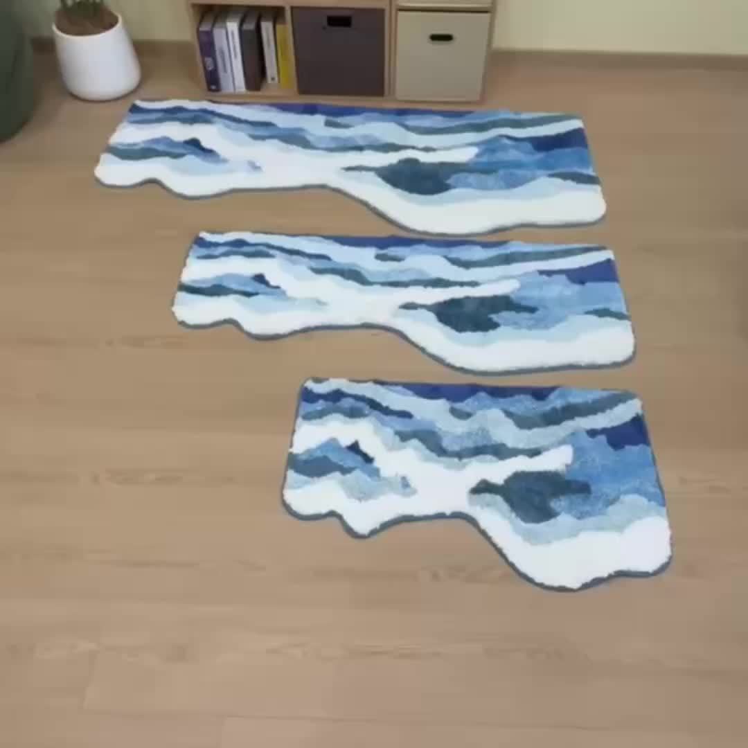 Wave Pattern Plush Soft Area Rug, Ocean-Themed Irregular Shaped Non-Slip TPR Backing Polyester Carpet