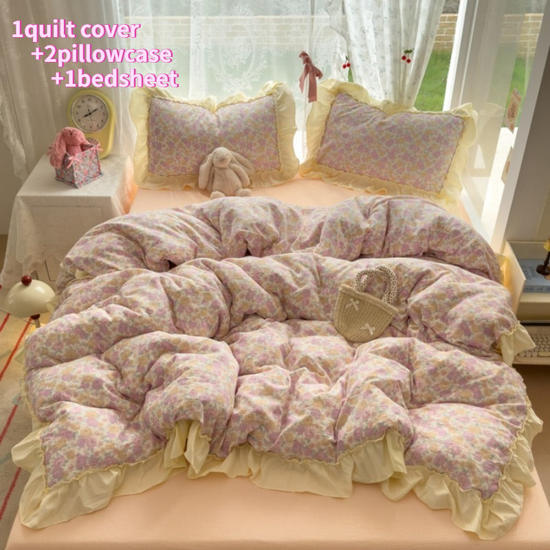 4pcs Bed Sheet Set, Trendy Small Floral American Lace Bedding Set