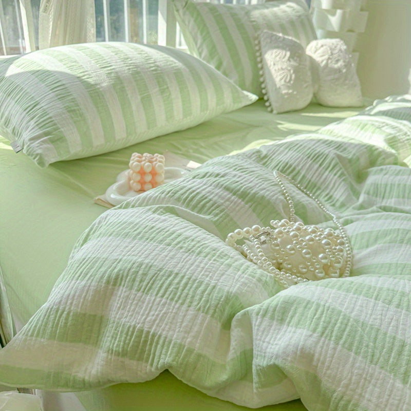 4pcs Bedding Set - Spring Green Striped Print Washable Polyester - 4pcs Sheet Set Including 1 Fitted Sheet