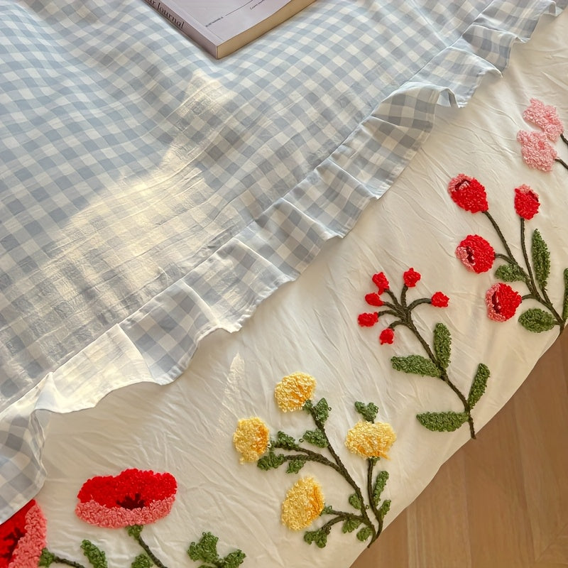 Flower and Lace Bedding Set, Blue Plaid + Colorful Floral Pattern