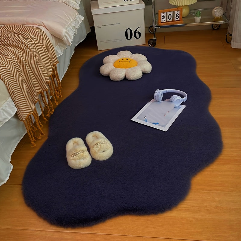 A Uniquely Shaped Solid Color Rug Made of Faux Rabbit Fur Material, Featuring a Fluffy