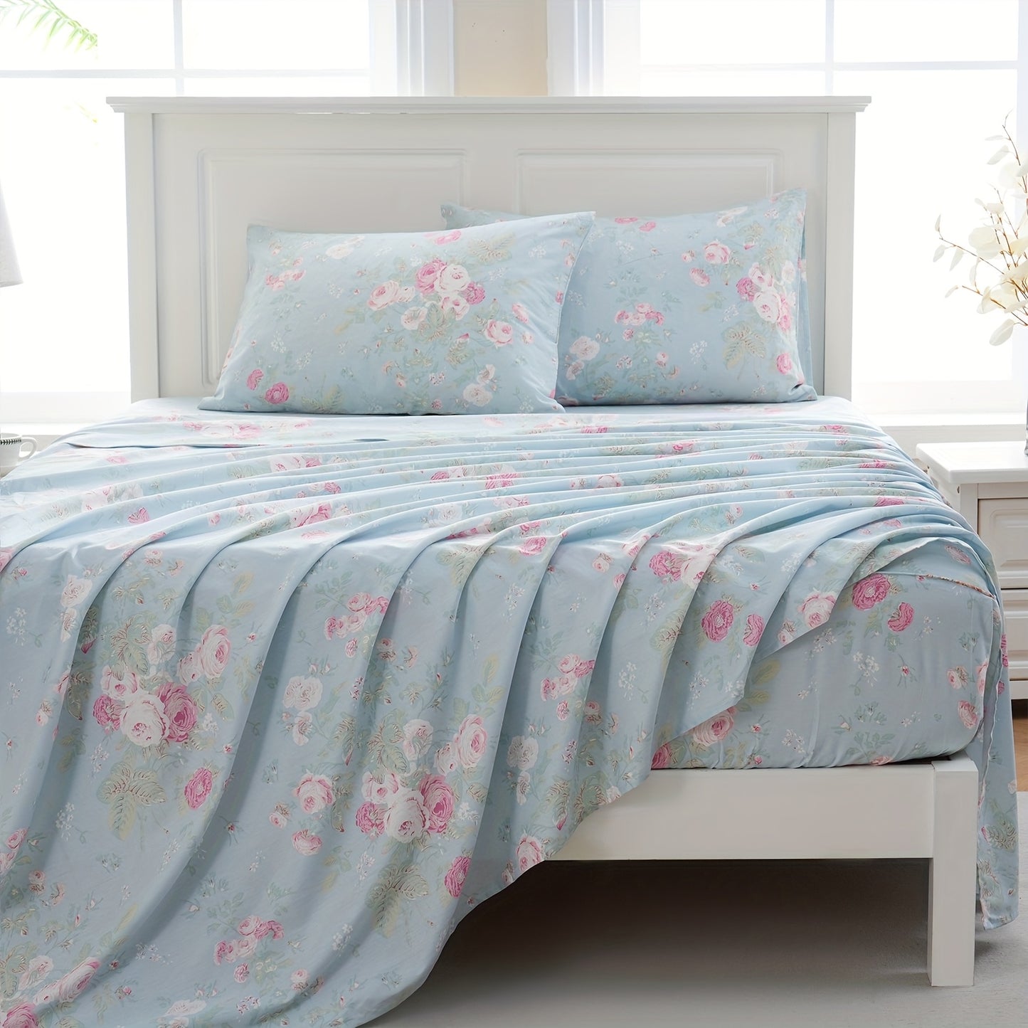 Zusbest 4pcs 100% Cotton Blue Floral Bed Sheets Set Luxury Shabby