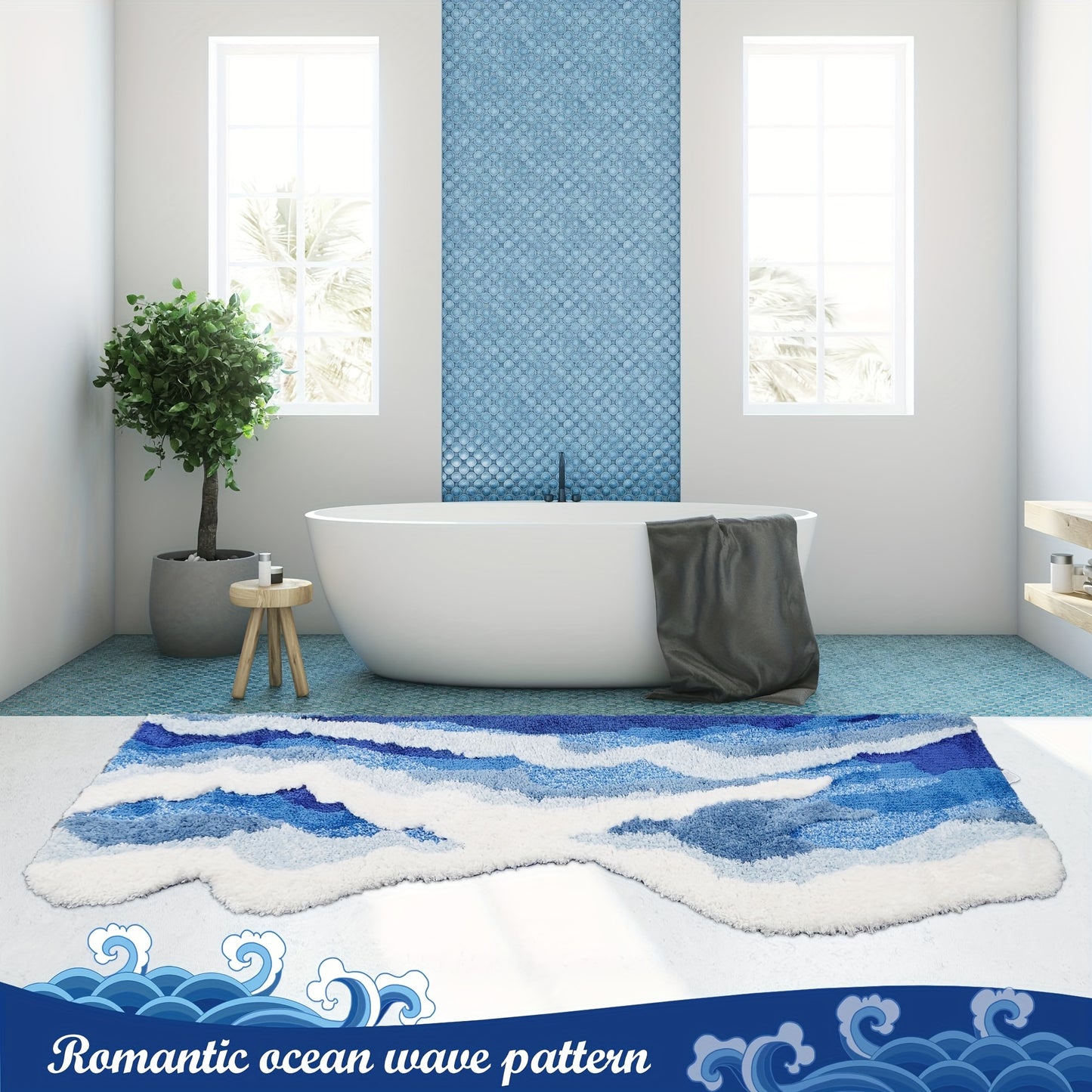 Wave Pattern Plush Soft Area Rug, Ocean-Themed Irregular Shaped Non-Slip TPR Backing Polyester Carpet