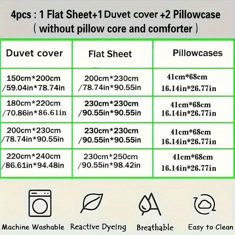 4pcs Bedding Set - Spring Green Striped Print Washable Polyester - 4pcs Sheet Set Including 1 Fitted Sheet