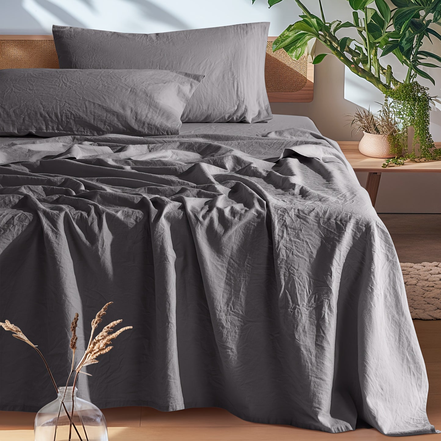 LBR02M Linen Sheet Set, Bed Sheets 4pcs Set, Solid Color Natural Flax Blend Soft Breathable Bedding