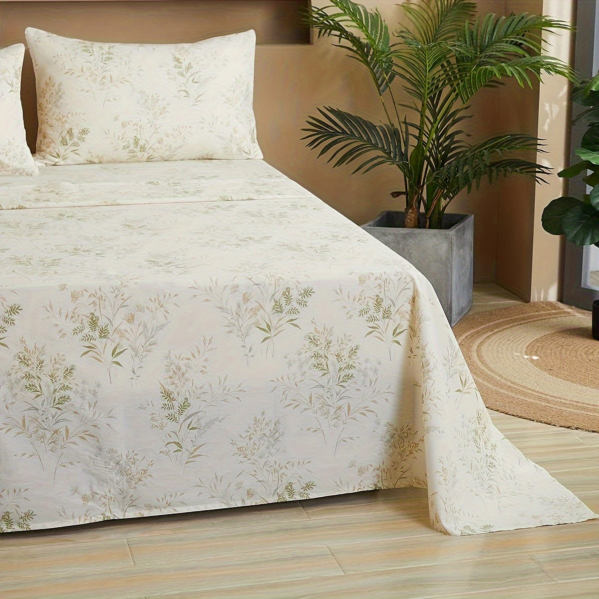 Botanical Bliss 4pcs Bedding Set - Ultra-Soft 100% Cotton, Breathable Floral & Leaf Print with Deep Pockets