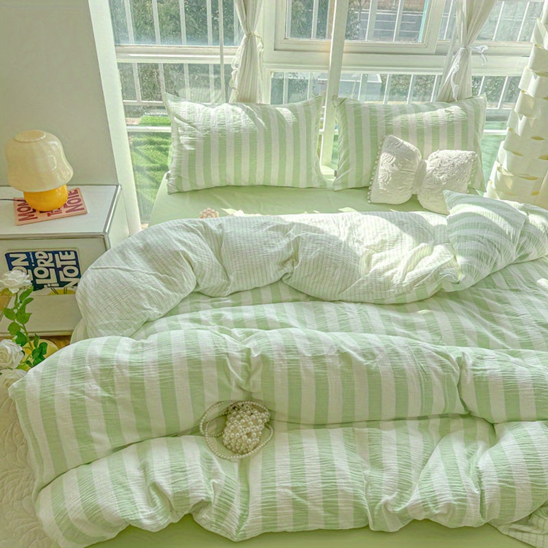 4pcs Bedding Set - Spring Green Striped Print Washable Polyester - 4pcs Sheet Set Including 1 Fitted Sheet