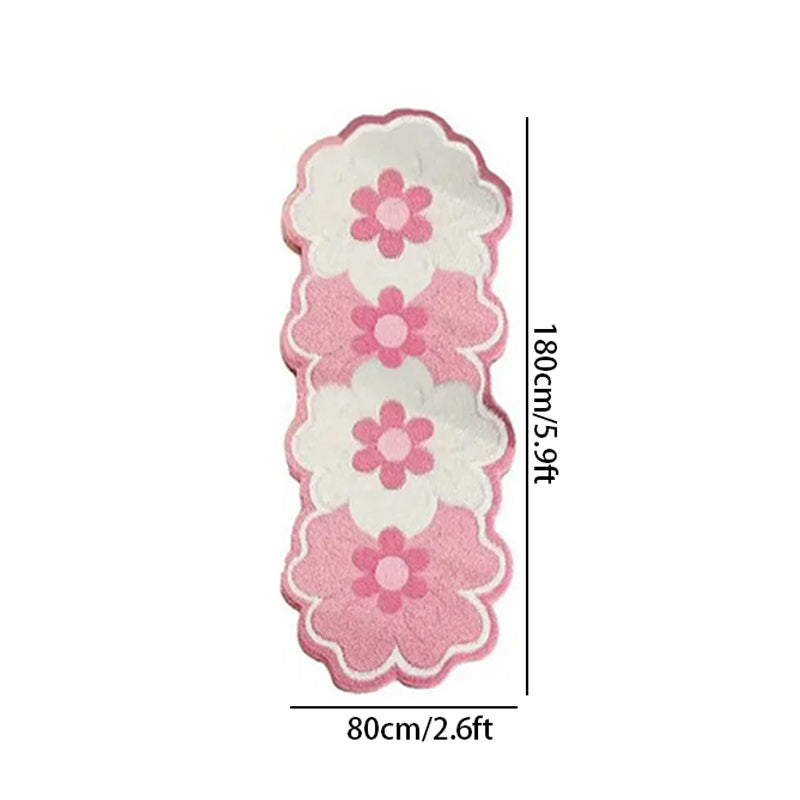 1pc Plush Soft Pink & Green Irregular Flower Shaped Mat - Large Oval-like Bedside Mat
