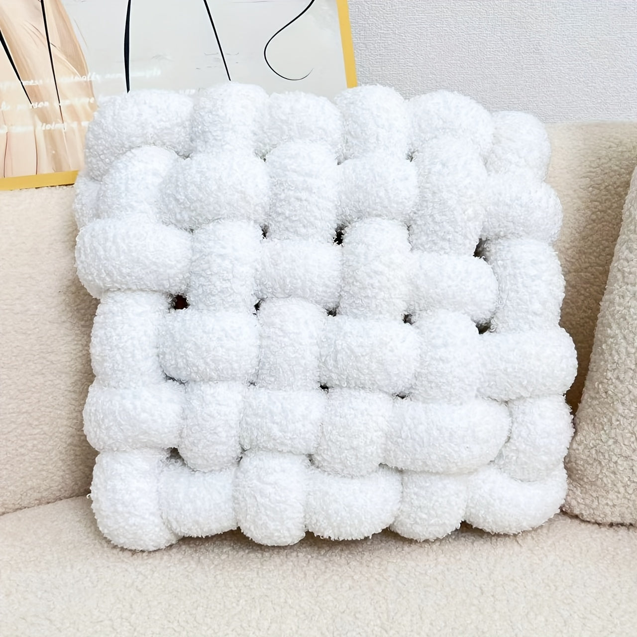 YLBKIKR 12-Inch Round Knotted Throw Pillow - Plush Teddy Velvet Geometric Pattern Decorative Cushion