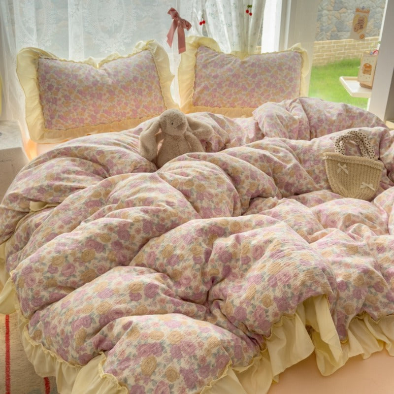 4pcs Bed Sheet Set, Trendy Small Floral American Lace Bedding Set