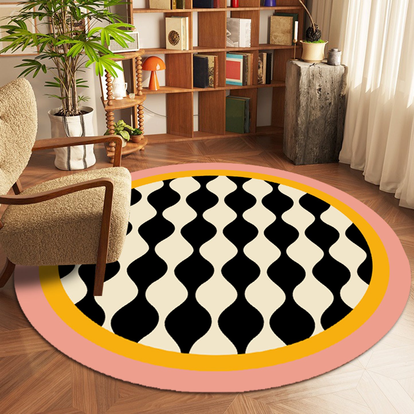 Extra Thick 8mm Luxury Black & White Striped Round Mat - Heavy-Duty 1000gsm Plush Mat