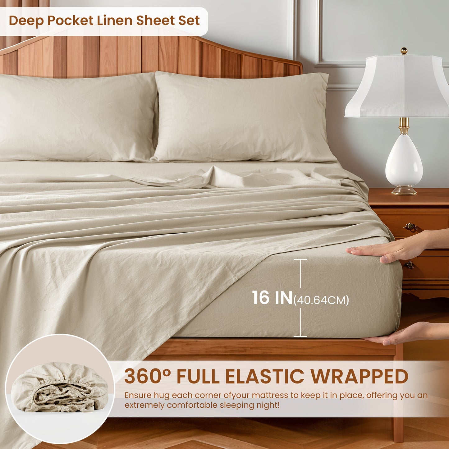 4pcs Linen Bed Set, Breathable and Durable Bed Sheets, 16-Inch Deep Pocket Fitted Sheet