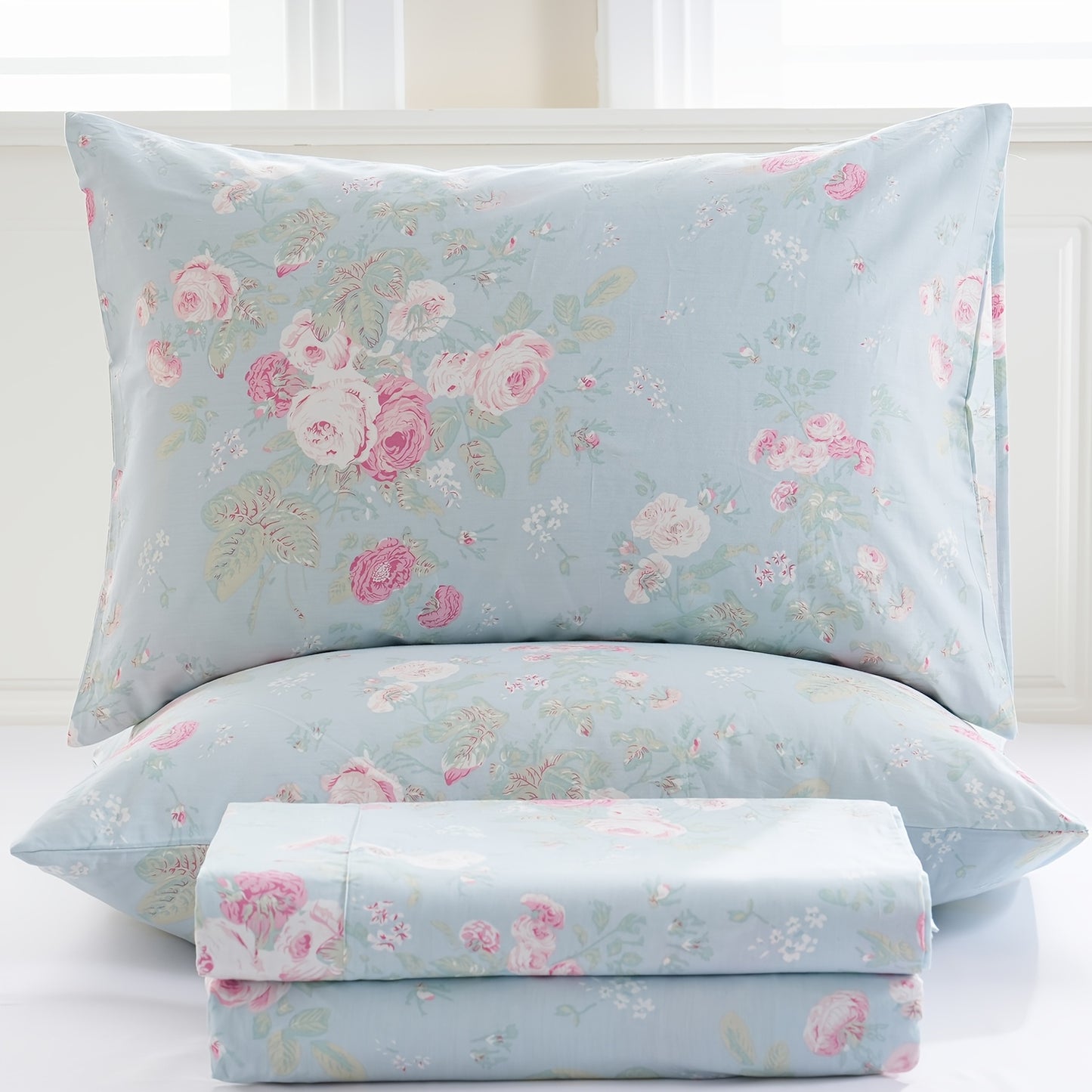 Zusbest 4pcs 100% Cotton Blue Floral Bed Sheets Set Luxury Shabby