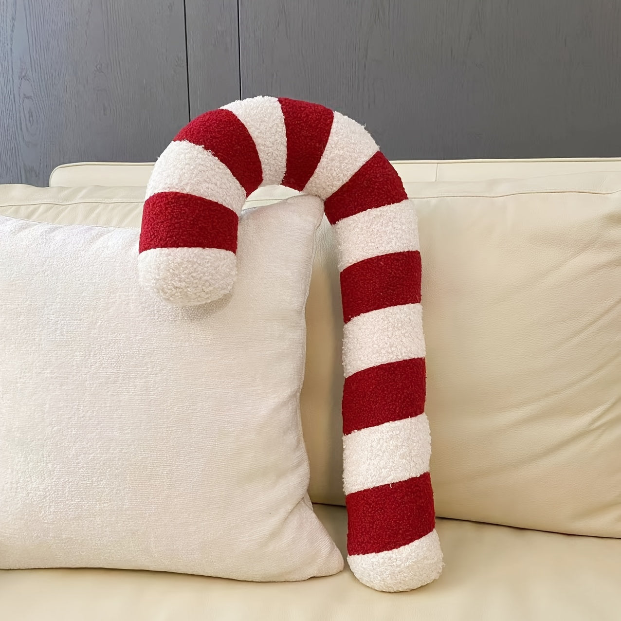 1pc Plush Candy Cane Pillow - Christmas Decor Cushion with Red, Green, Pink Striped Candy Cane Design