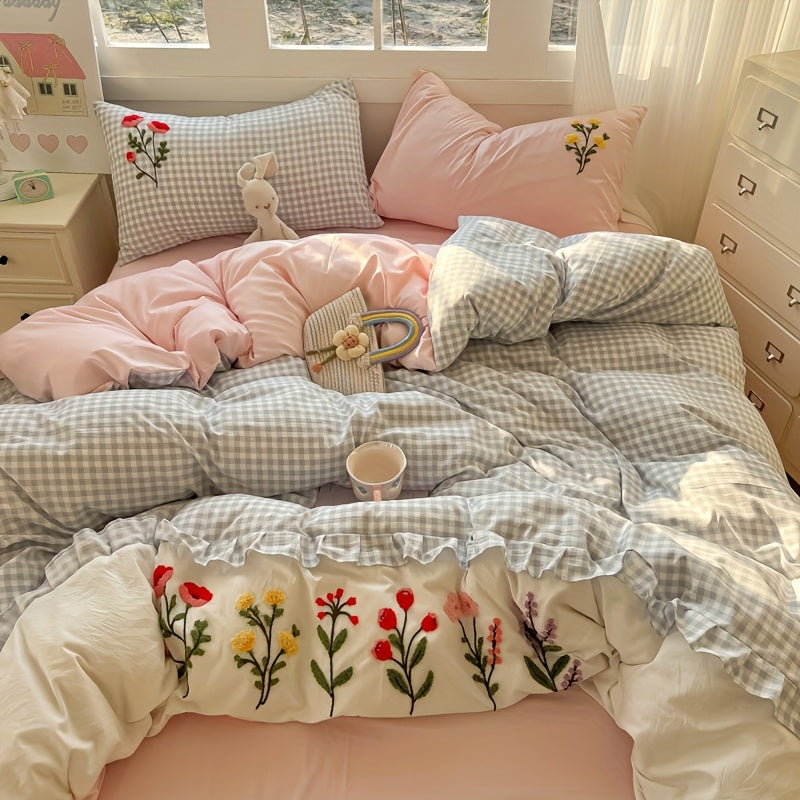 Flower and Lace Bedding Set, Blue Plaid + Colorful Floral Pattern