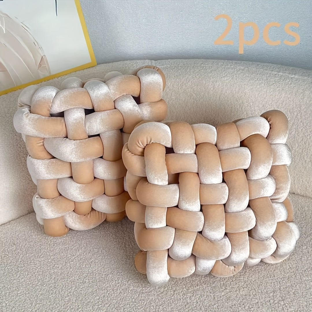Golden 2pcs Set of Velvet Hand-Knotted Square Decorative Pillows