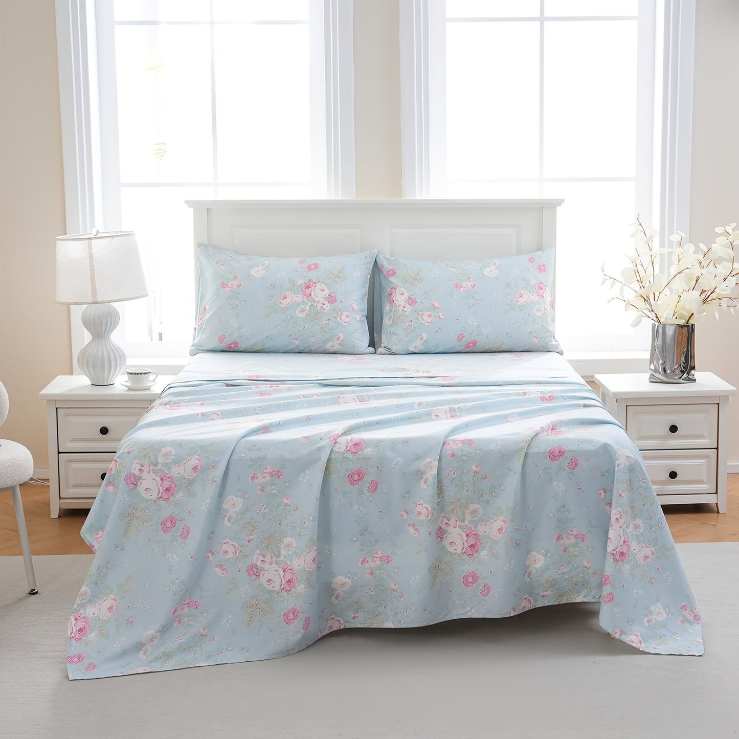 Zusbest 4pcs 100% Cotton Blue Floral Bed Sheets Set Luxury Shabby