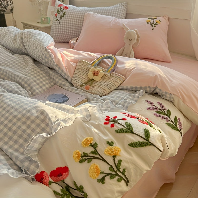 Flower and Lace Bedding Set, Blue Plaid + Colorful Floral Pattern