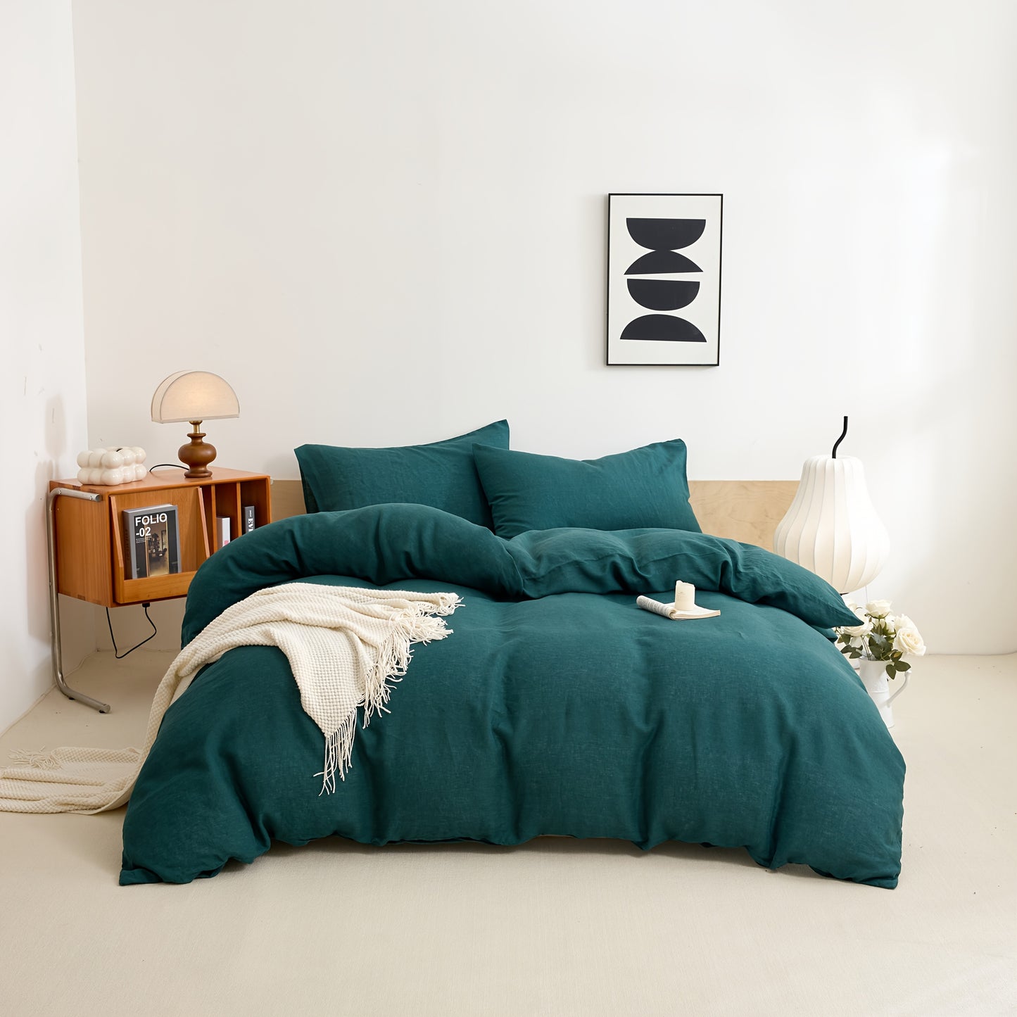 4pcs 100% French Linen Double Bedding Set, 4pcs Set Includes 1 Duvet Cover