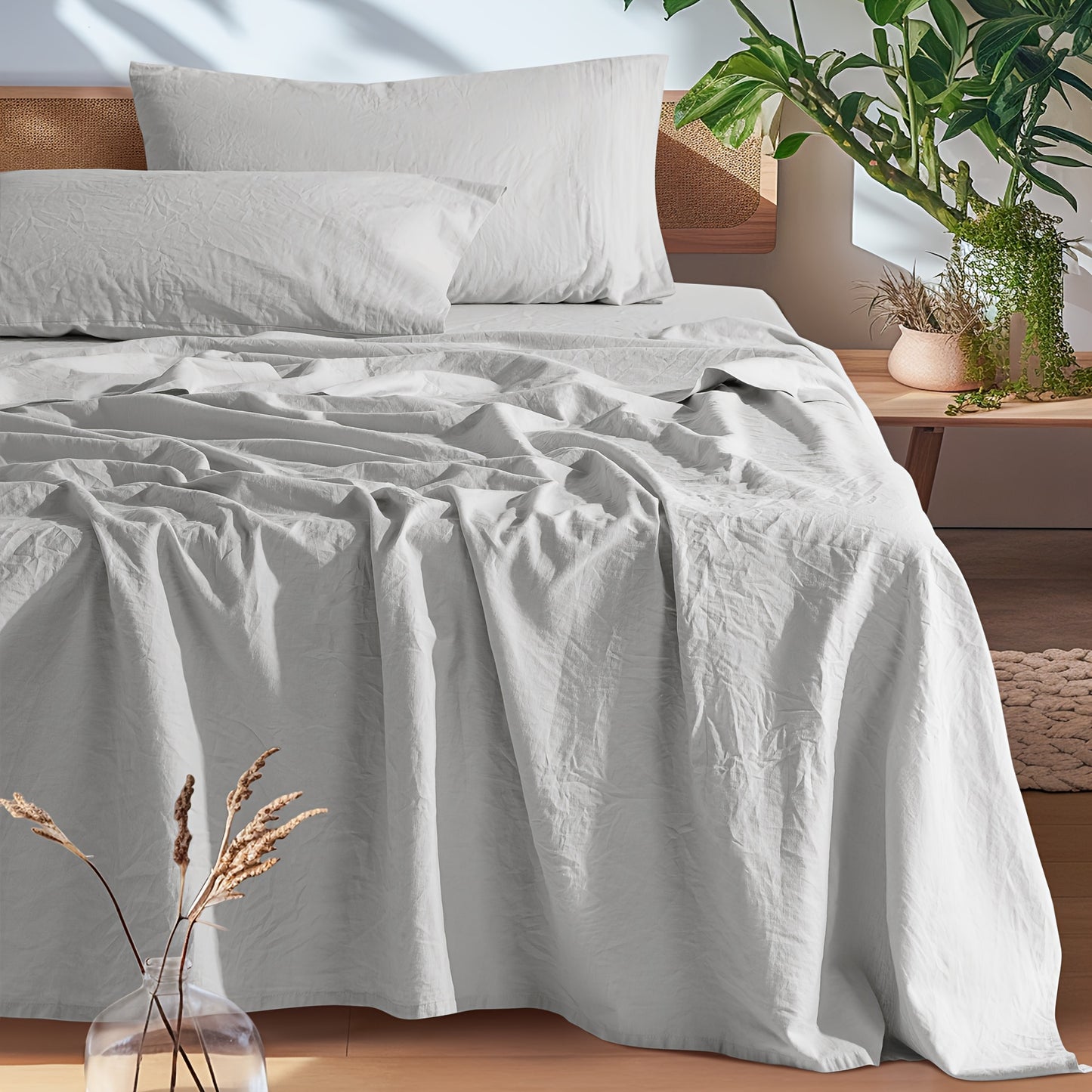 LBR02M Linen Sheet Set, Bed Sheets 4pcs Set, Solid Color Natural Flax Blend Soft Breathable Bedding