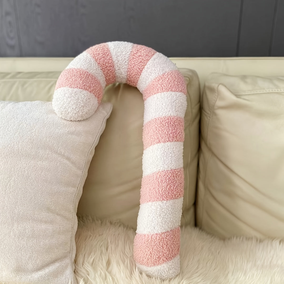 1pc Plush Candy Cane Pillow - Christmas Decor Cushion with Red, Green, Pink Striped Candy Cane Design