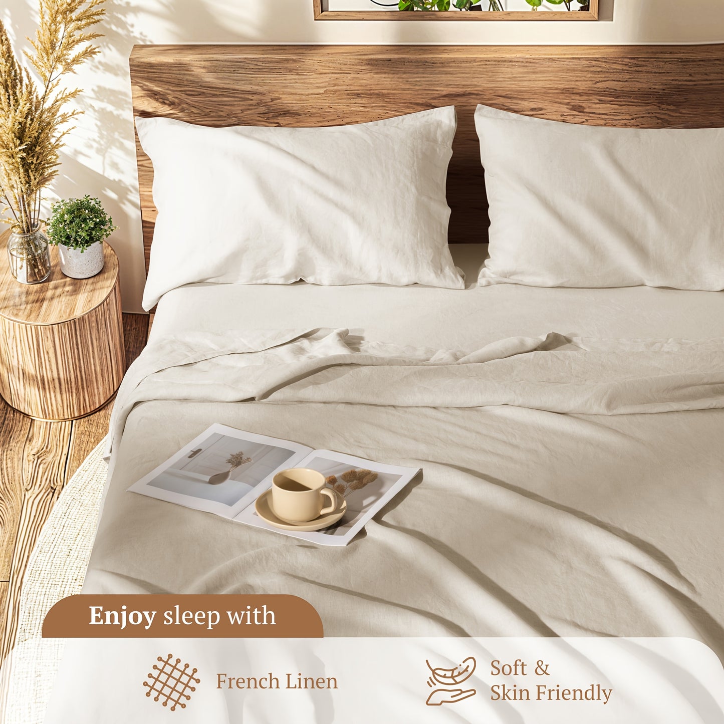 LBR02M Linen Sheet Set, Bed Sheets 4pcs Set, Solid Color Natural Flax Blend Soft Breathable Bedding