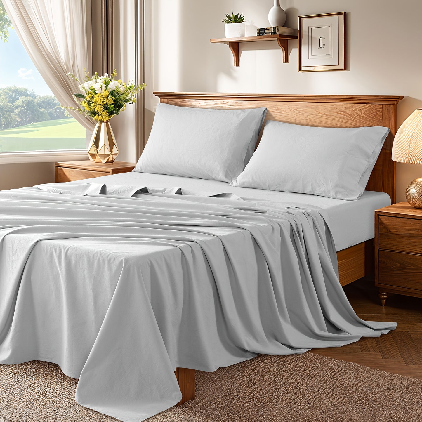 4pcs Linen Bed Set, Breathable and Durable Bed Sheets, 16-Inch Deep Pocket Fitted Sheet