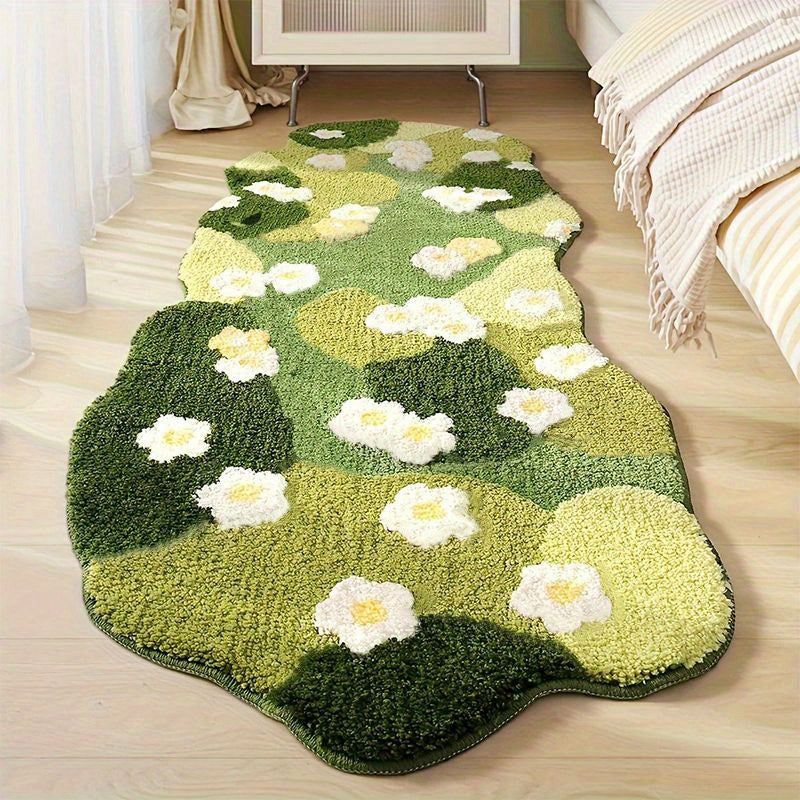 Extra-Long Irregular Shaped Mat - Plush Soft Green Moss & White Daisy Pattern Floor Mat