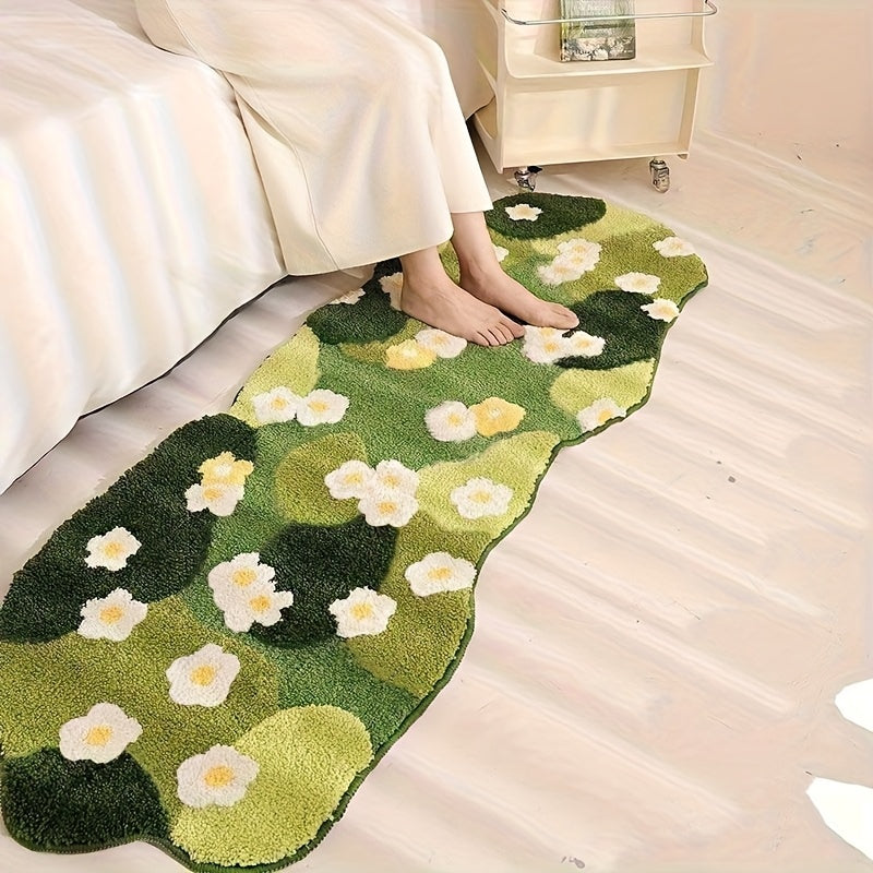 Extra-Long Irregular Shaped Mat - Plush Soft Green Moss & White Daisy Pattern Floor Mat