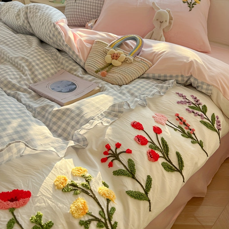 Flower and Lace Bedding Set, Blue Plaid + Colorful Floral Pattern