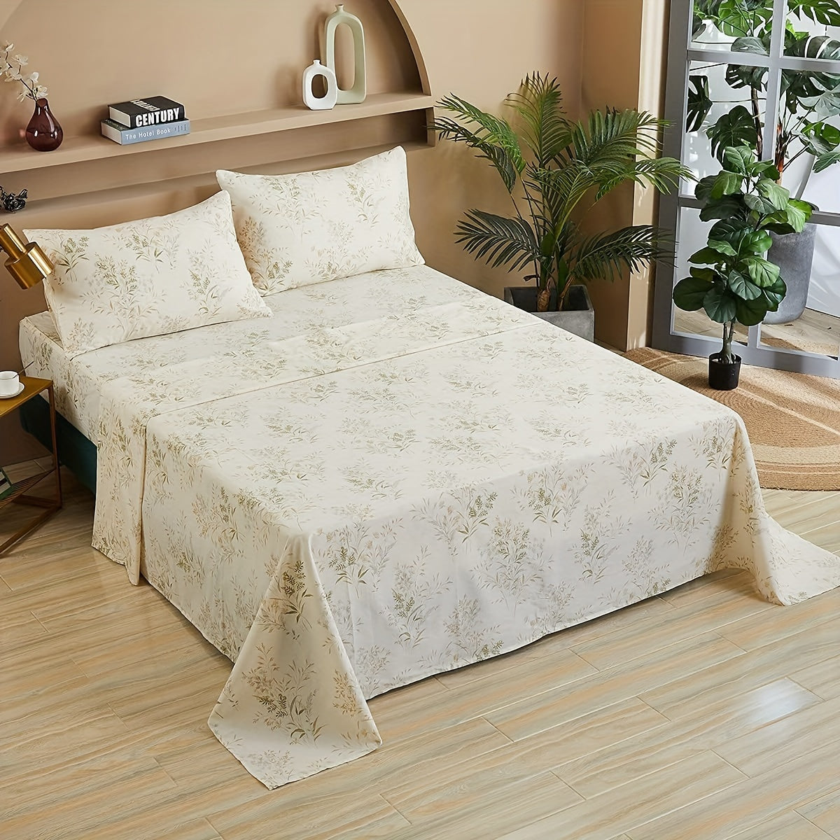 Botanical Bliss 4pcs Bedding Set - Ultra-Soft 100% Cotton, Breathable Floral & Leaf Print with Deep Pockets