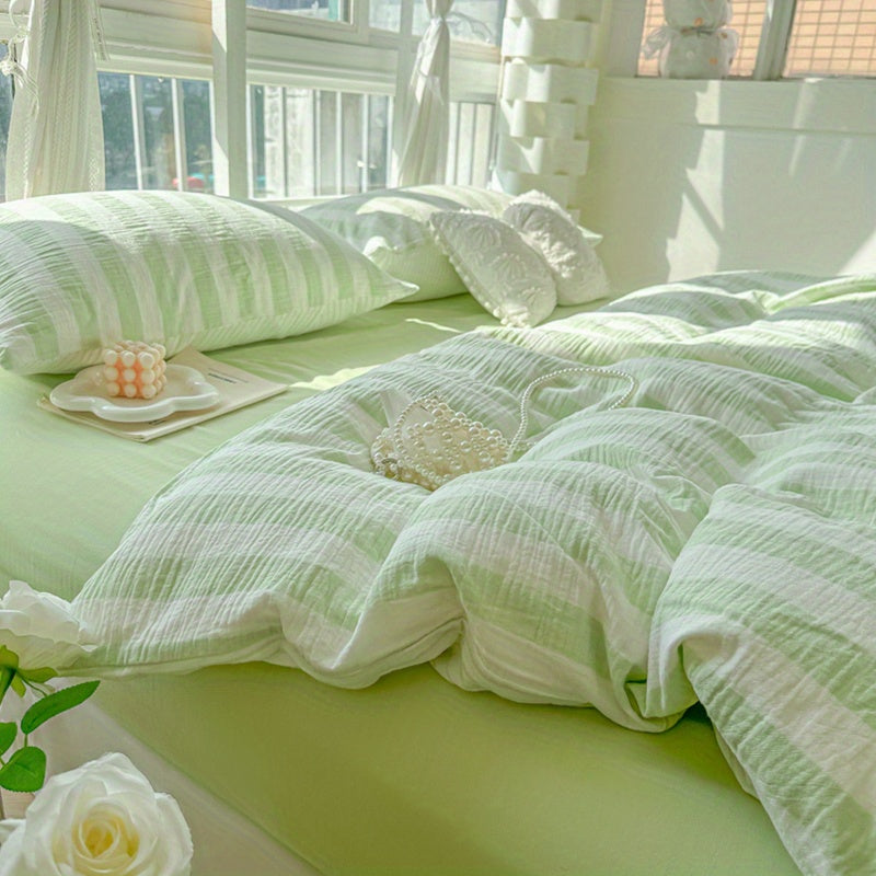 4pcs Bedding Set - Spring Green Striped Print Washable Polyester - 4pcs Sheet Set Including 1 Fitted Sheet