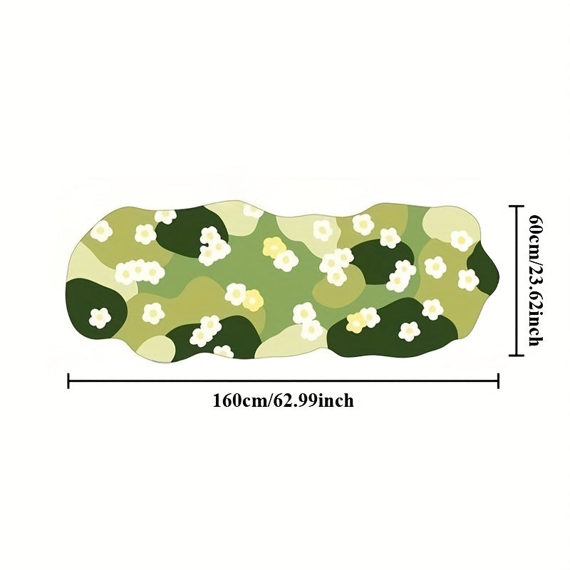 Extra-Long Irregular Shaped Mat - Plush Soft Green Moss & White Daisy Pattern Floor Mat