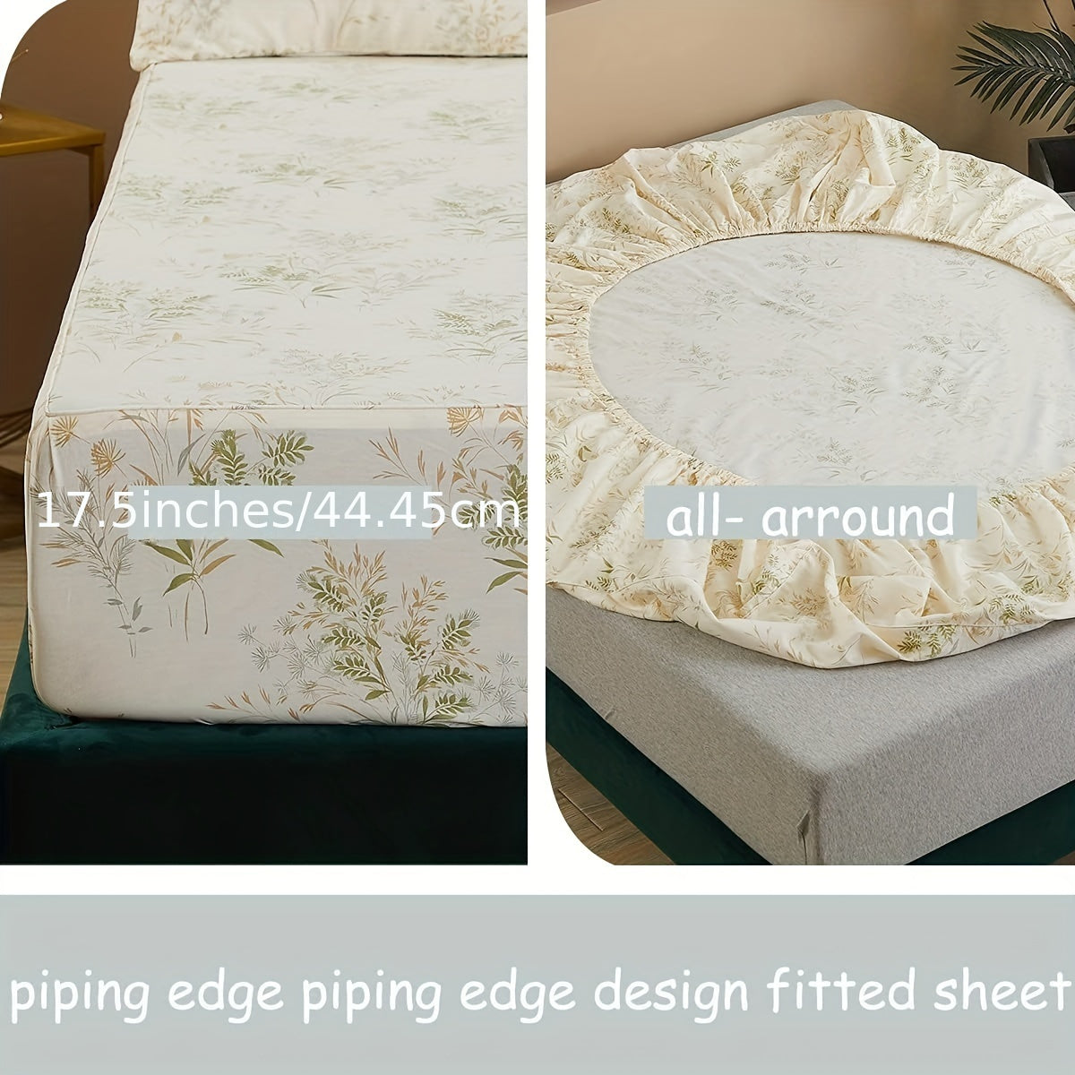 Botanical Bliss 4pcs Bedding Set - Ultra-Soft 100% Cotton, Breathable Floral & Leaf Print with Deep Pockets