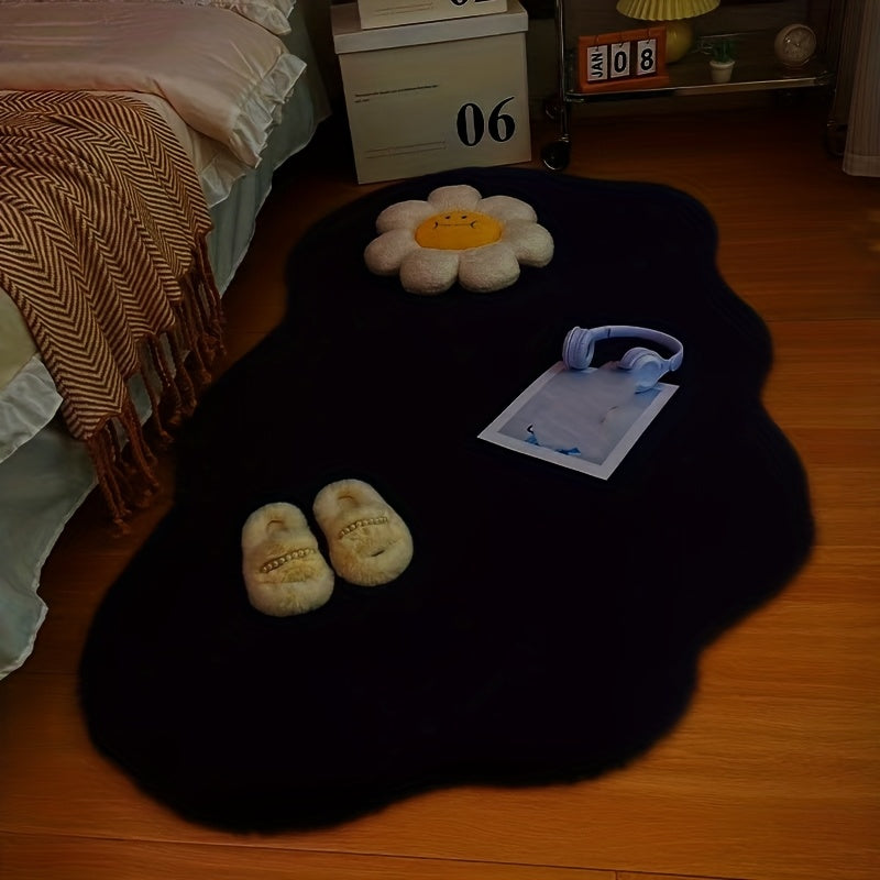 A Uniquely Shaped Solid Color Rug Made of Faux Rabbit Fur Material, Featuring a Fluffy