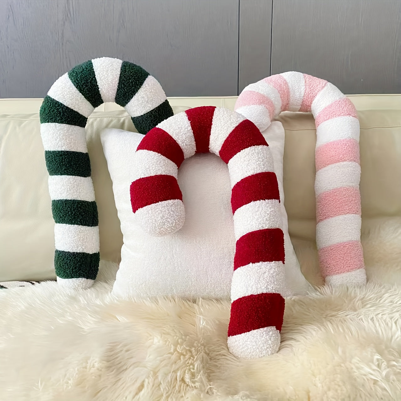 1pc Plush Candy Cane Pillow - Christmas Decor Cushion with Red, Green, Pink Striped Candy Cane Design
