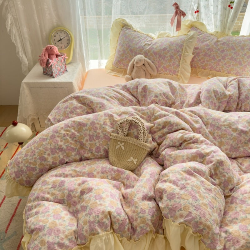 4pcs Bed Sheet Set, Trendy Small Floral American Lace Bedding Set