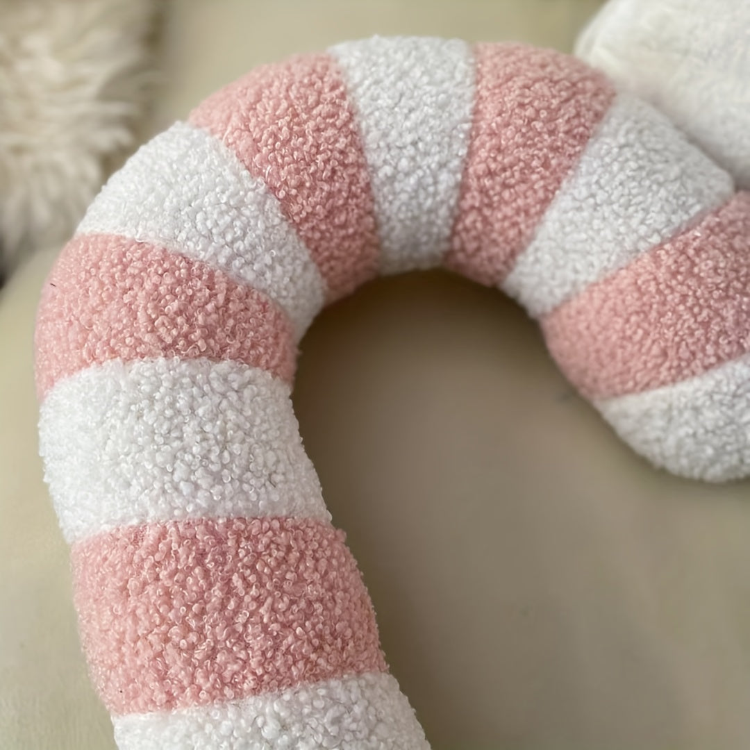 1pc Plush Candy Cane Pillow - Christmas Decor Cushion with Red, Green, Pink Striped Candy Cane Design