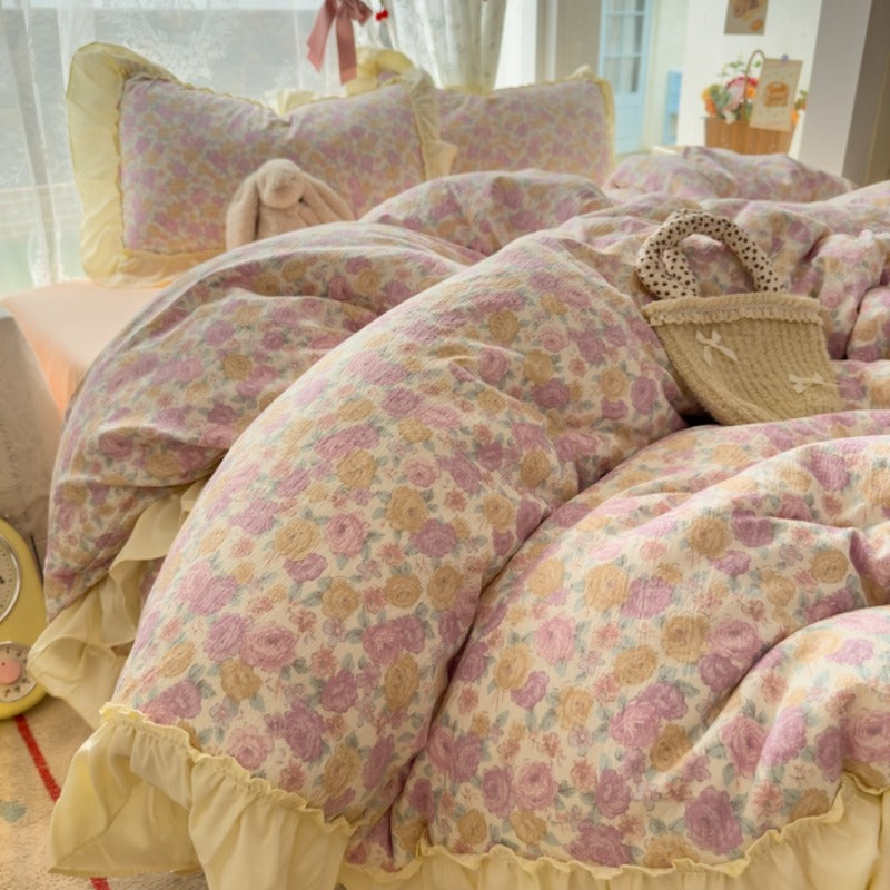 4pcs Bed Sheet Set, Trendy Small Floral American Lace Bedding Set