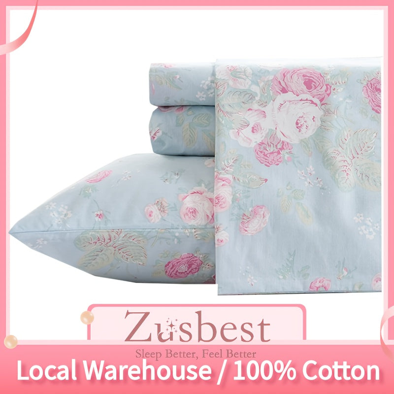 Zusbest 4pcs 100% Cotton Blue Floral Bed Sheets Set Luxury Shabby