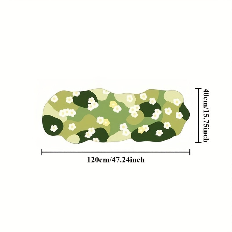Extra-Long Irregular Shaped Mat - Plush Soft Green Moss & White Daisy Pattern Floor Mat