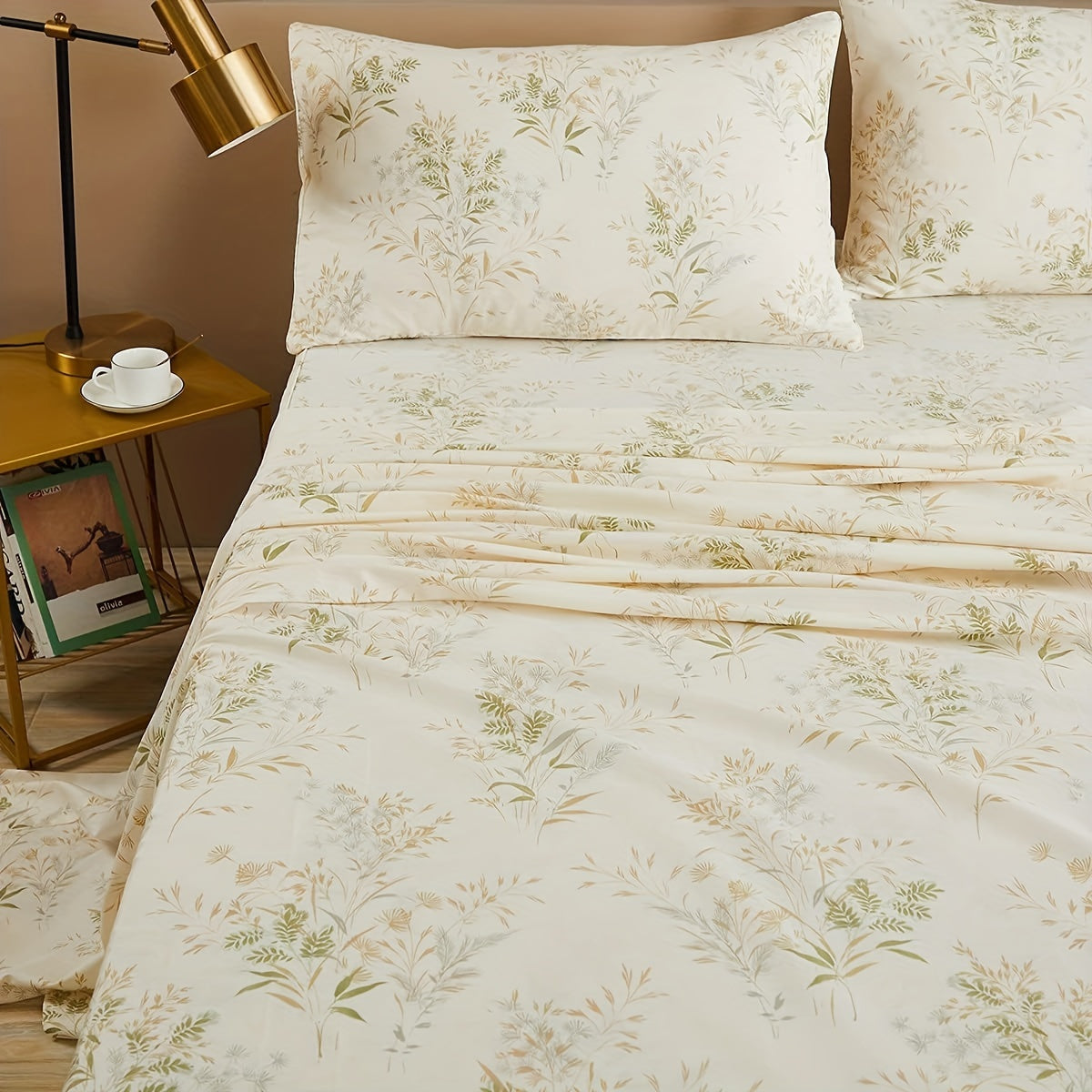 Botanical Bliss 4pcs Bedding Set - Ultra-Soft 100% Cotton, Breathable Floral & Leaf Print with Deep Pockets